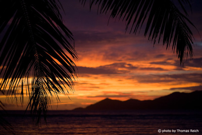 Silhouette of island Praslin at sunset