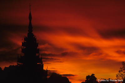Silhouette of a pagoda at sunset, in Victoria Point, Myanmar