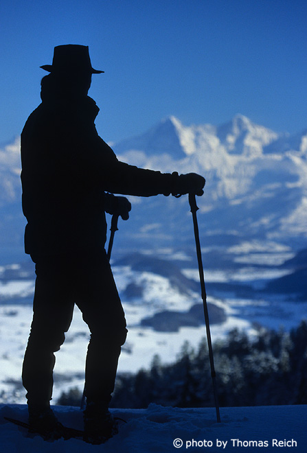 Ski mountaineering and view to Mountains Eiger, Mönch