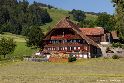 Schweizer Bauernhaus mit roten Geranien