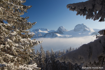 Mountain panorama in Winter fog