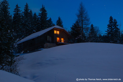 Snowy Mountain hut Switzerland