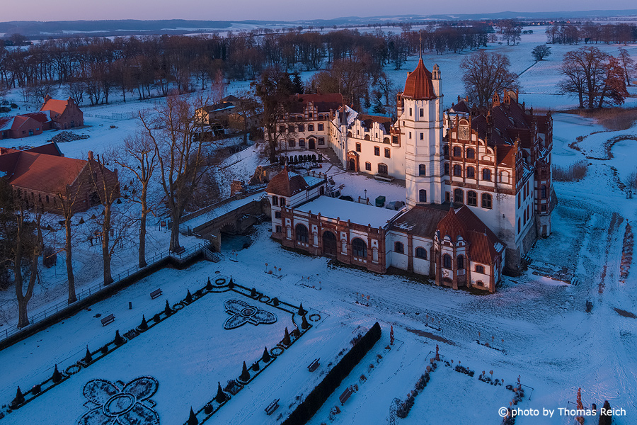 Basedow Castle in winter from above