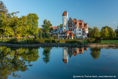 Castle reflected in village pond, Basedow